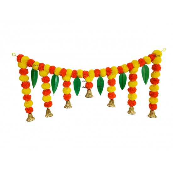 afarza Door Hanging Artificial Marigold Flower Toran Garlands Mango Leaves With Plastic Bell Handmade Bandhanwar HomeTraditional 42x16