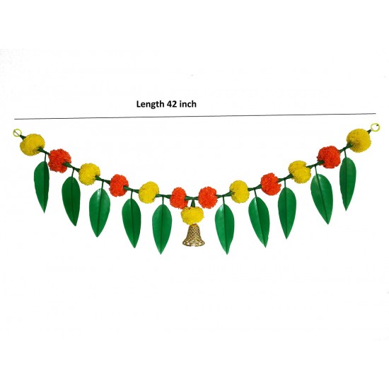 afarza Artificial Marigold Flower Toran Garlands Mango Leaves with Plastic Bell Door Wall Hanging Decoation Handmade Bandhanwar HomeTraditional 2 Piece Pack